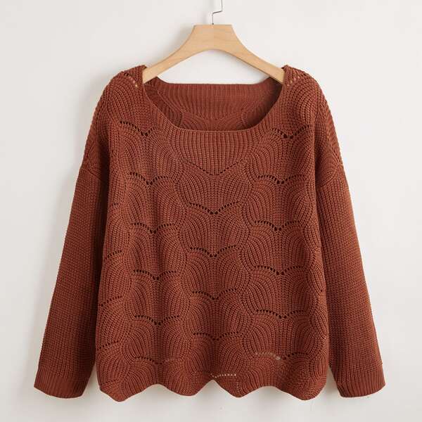 

Plus Solid Boat Neck Drop Shoulder Sweater, Rust brown