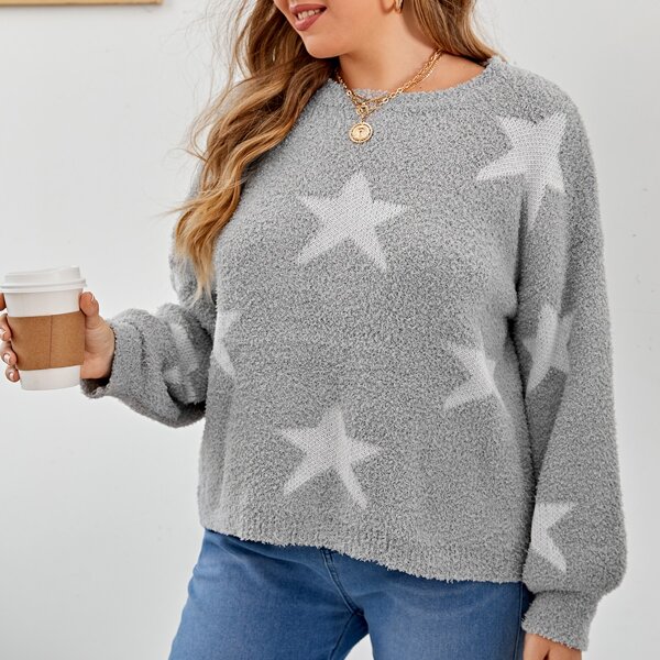 

Plus Star Pattern Drop Shoulder Sweater, Light grey