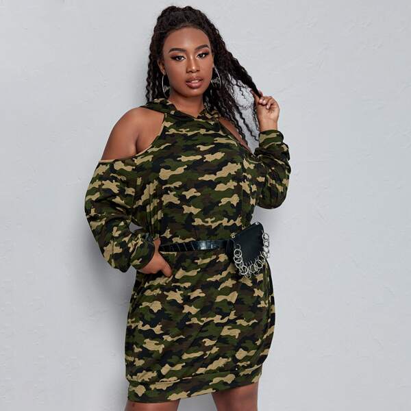 

Plus Camo Print Cold Shoulder Longline Hoodie Without Bag, Multicolor