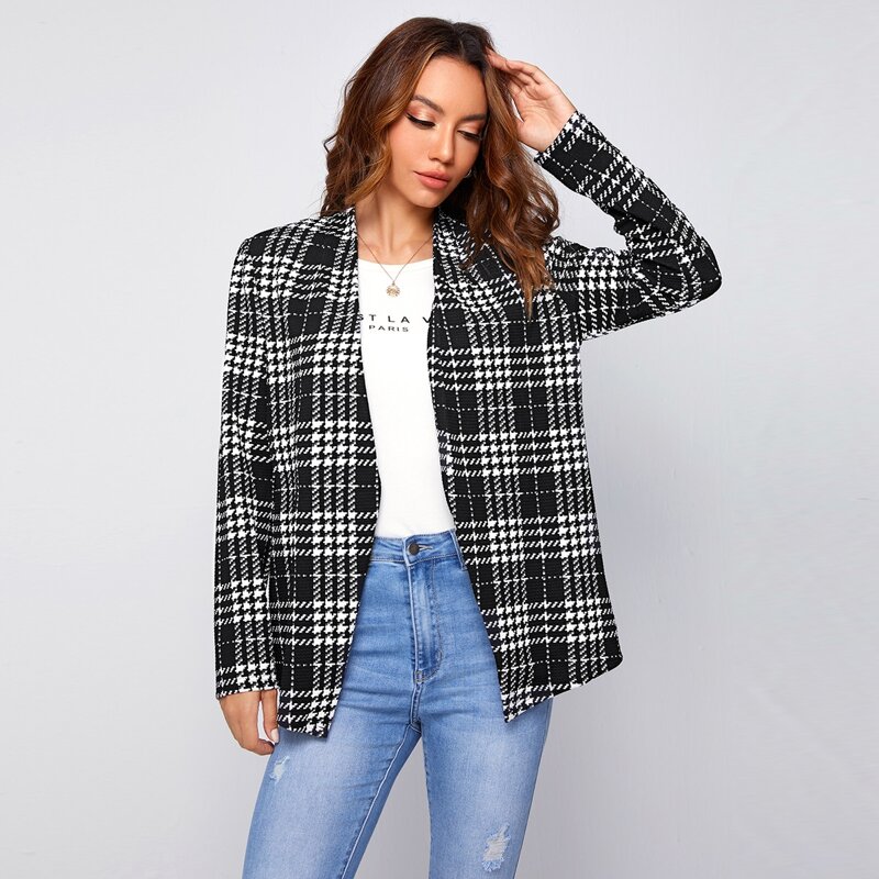 

Open Front Plaid Blazer, Black and white