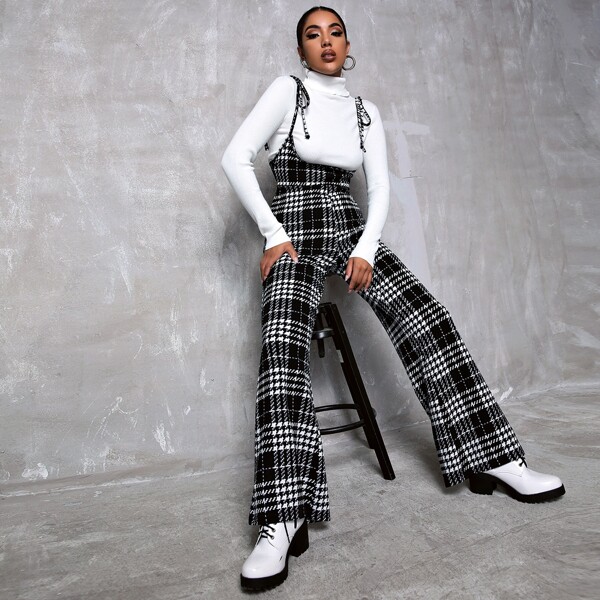 

Plaid Knot Shoulder Overall Jumpsuit Without Top, Black and white