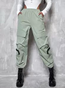 Flap Pocket Zip Detail Cargo Trousers - Mint Green - View 1