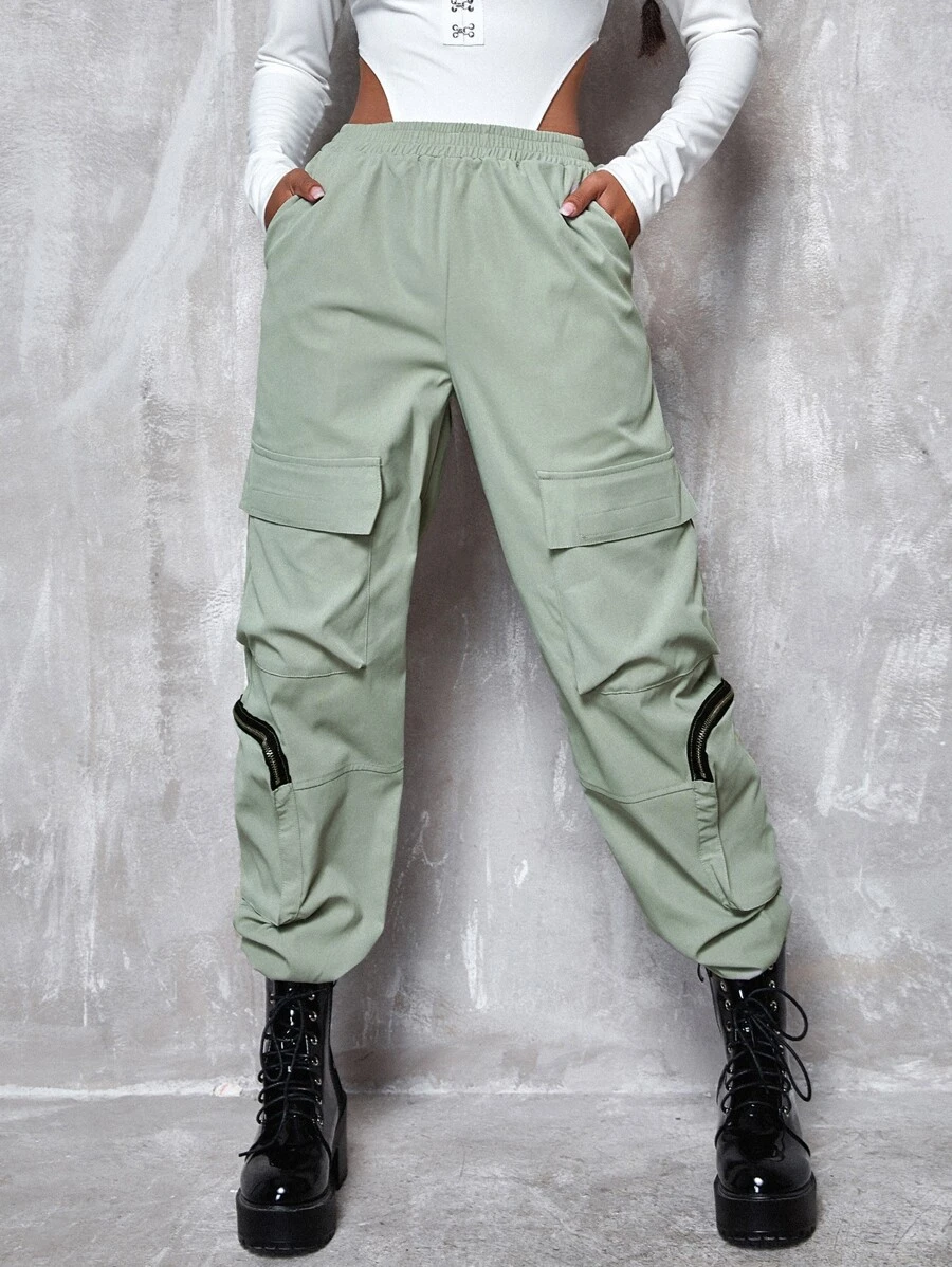 Flap Pocket Zip Detail Cargo Trousers - Mint Green - View 1