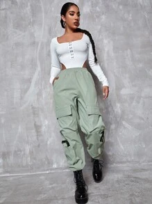 Flap Pocket Zip Detail Cargo Trousers - Mint Green - View 3