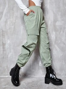 Flap Pocket Zip Detail Cargo Trousers - Mint Green - View 5