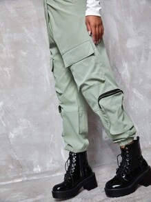 Flap Pocket Zip Detail Cargo Trousers - Mint Green - View 6