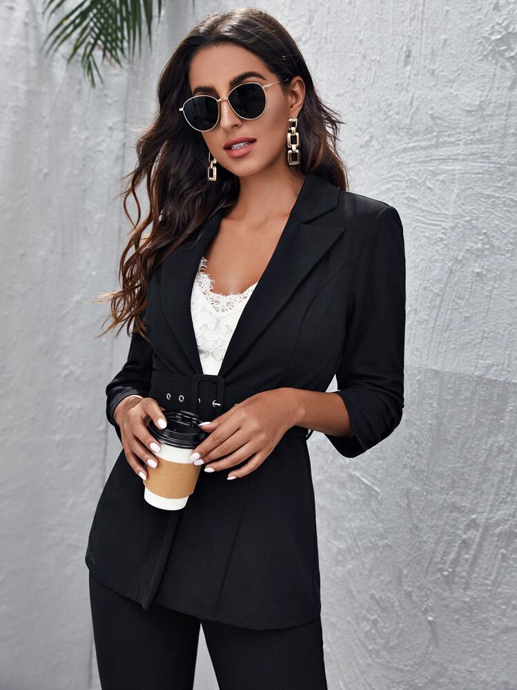 SHEIN Privé Peak Collar Buckle Belted Blazer And Split Hem Pants Set, Winter, Business Casual, Elegant, Black - Black - View 3