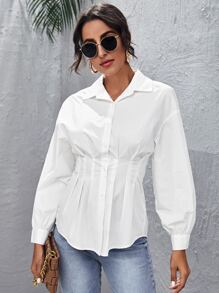 SHEIN Fold Pleated Lantern Sleeve Shirt - White - View 1