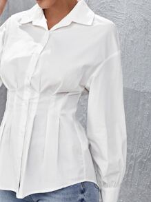 SHEIN Fold Pleated Lantern Sleeve Shirt - White - View 5
