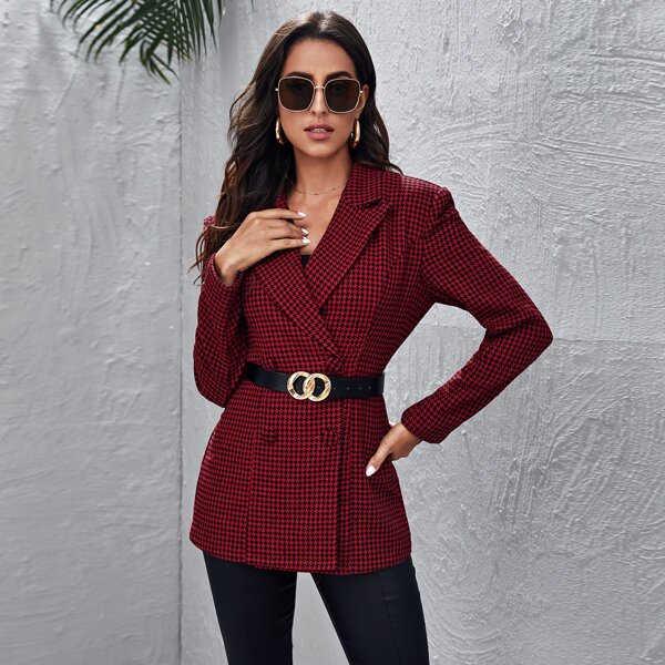 

Lapel Neck Double-breasted Houndstooth Blazer Without Belt, Multicolor