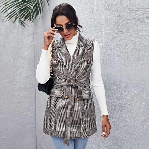

Double-breasted Belted Plaid Vest, Dark grey