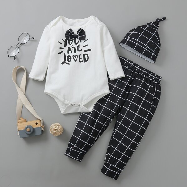 

Baby Boy Slogan Print Bodysuit & Plaid Pants & Hat, Black and white