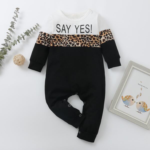 

Baby Boy Slogan Graphic Leopard Colorblock Jumpsuit, Black