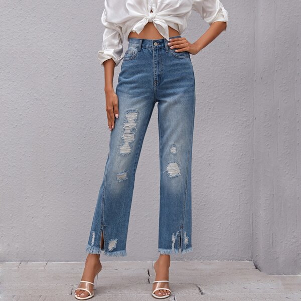 

High Waist Raw Hem Ripped Straight Jeans, Medium wash