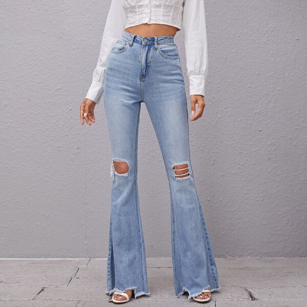 

High Waist Raw Hem Ripped Flare Jeans, Light wash