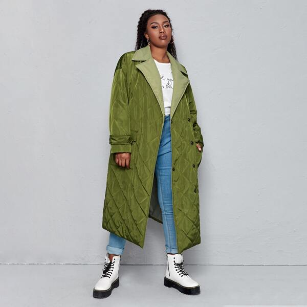 

Plus Flap Pocket Drop Shoulder Belted Quilted Coat, Olive green