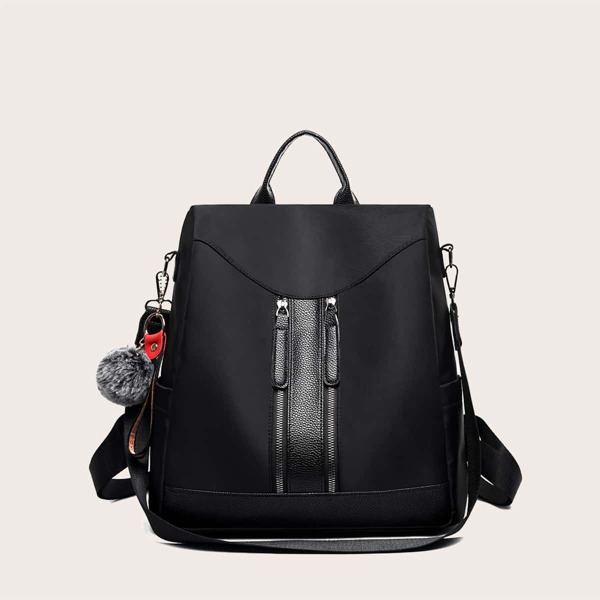 

Zip Front Backpack With Pom Pom, Black
