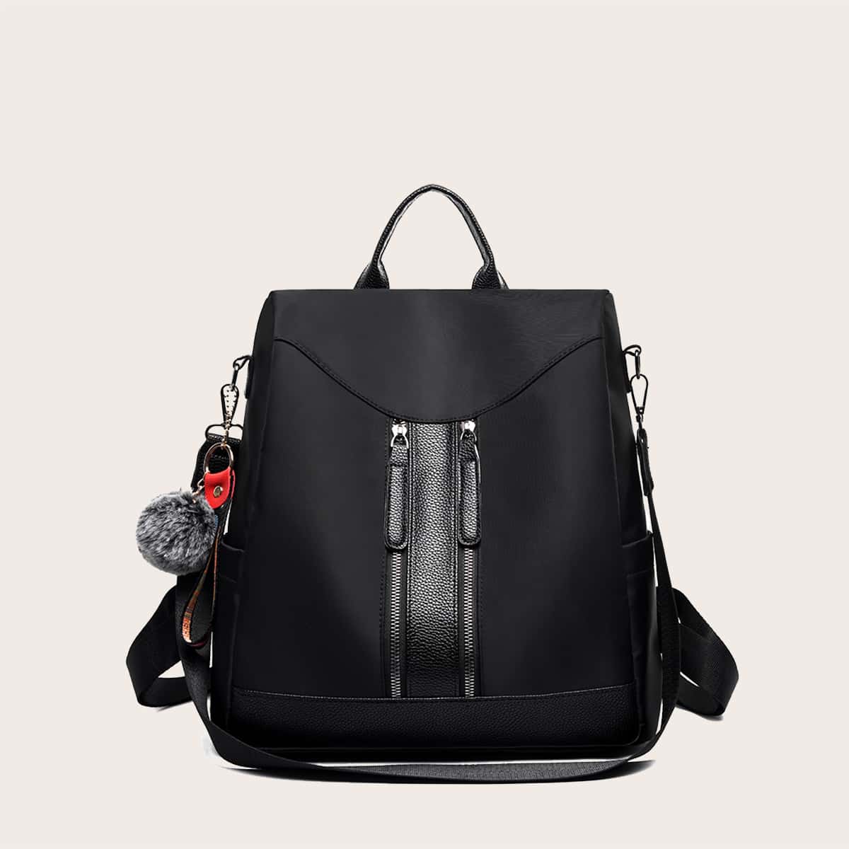 

Zip Front Backpack With Pom Pom, Black