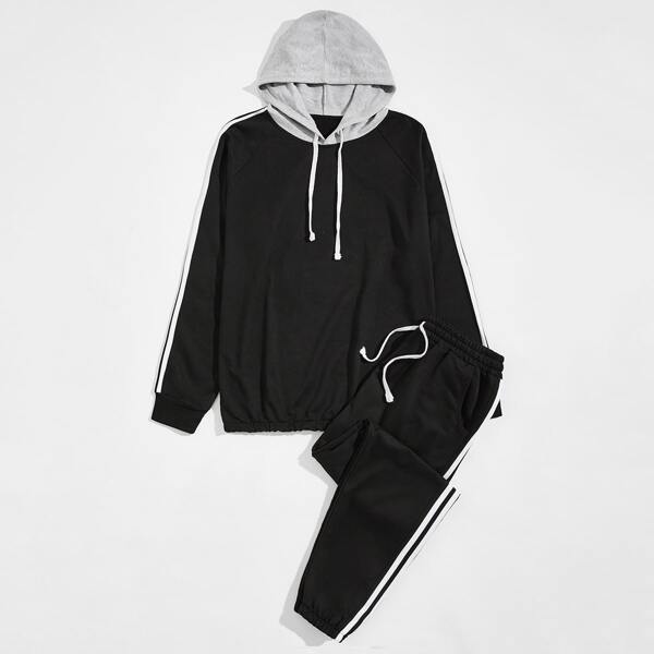 

Men Striped Drawstring Hoodie & Sweatpants, Black