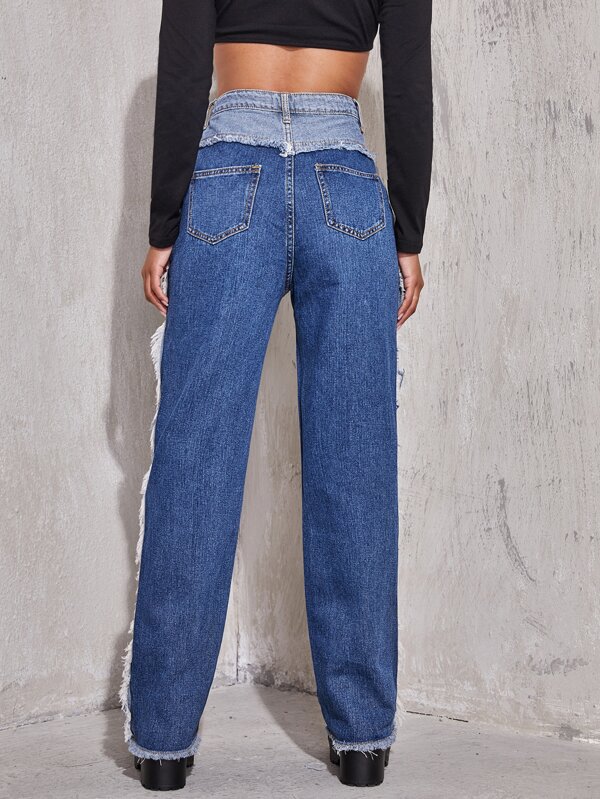 Casual Kleurblok Jeans Knoop | SHEIN Nederland