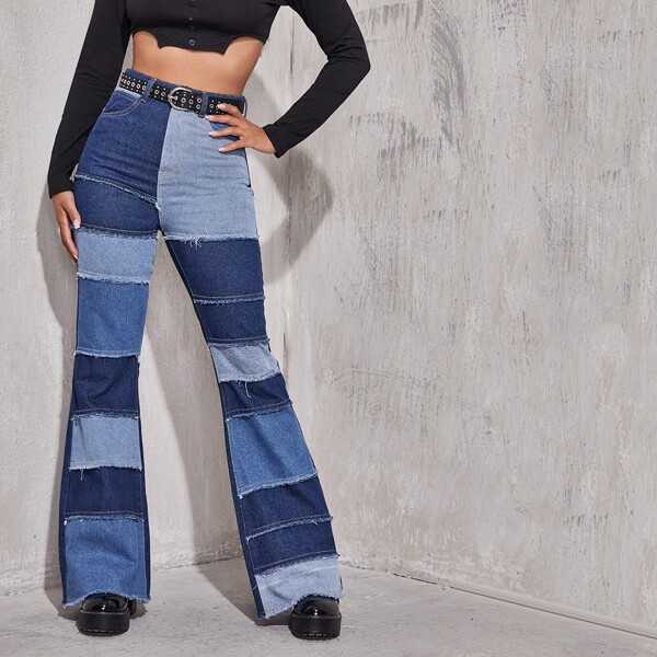 

High Waist Color Block Flare Jeans Without Belt, Multicolor