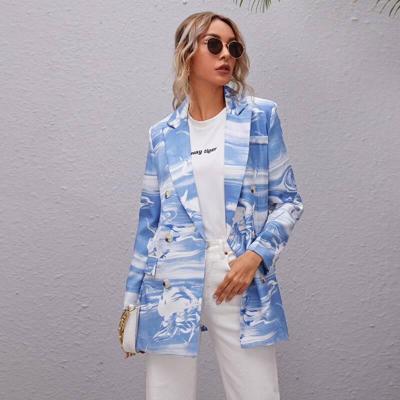 

Abstract Print Double Breasted Blazer, Blue and white