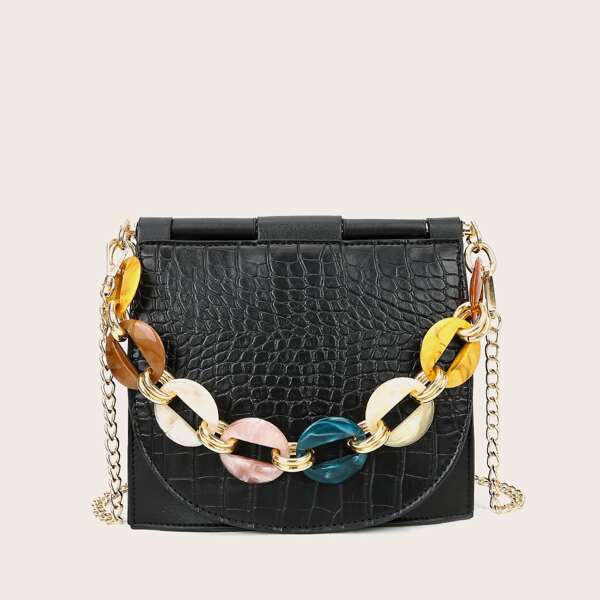 

Crocodile Chain Satchel Bag, Black