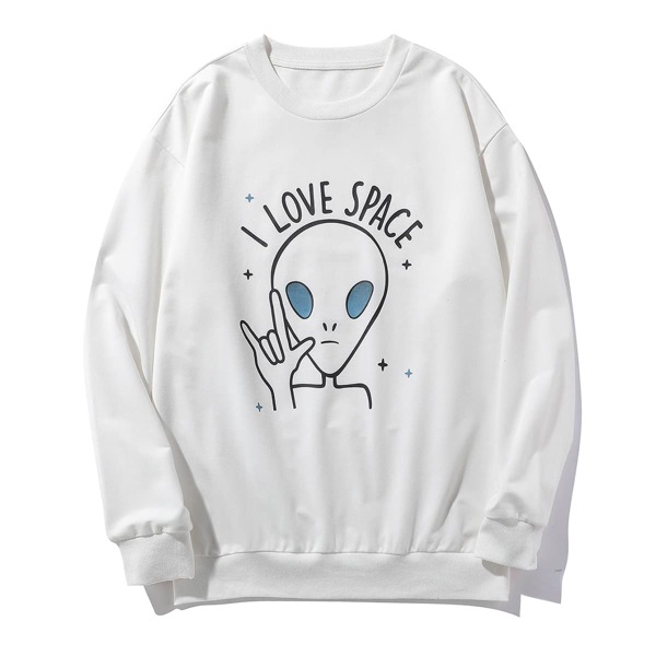 

Men Cartoon Alien And Slogan Print Sweatshirt, White