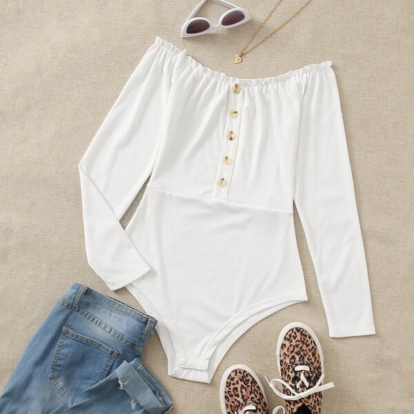 

Solid Button Front Frill Trim Bardot Bodysuit, White