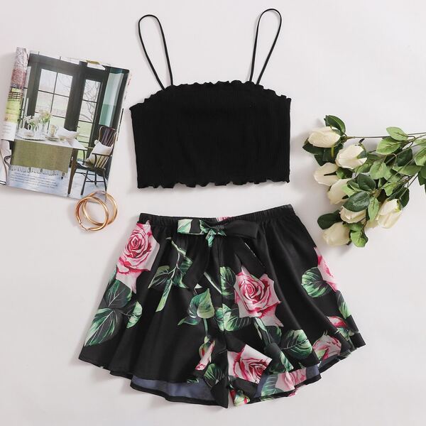 

Crop Cami Top With Floral Print Shorts PJ Set, Black