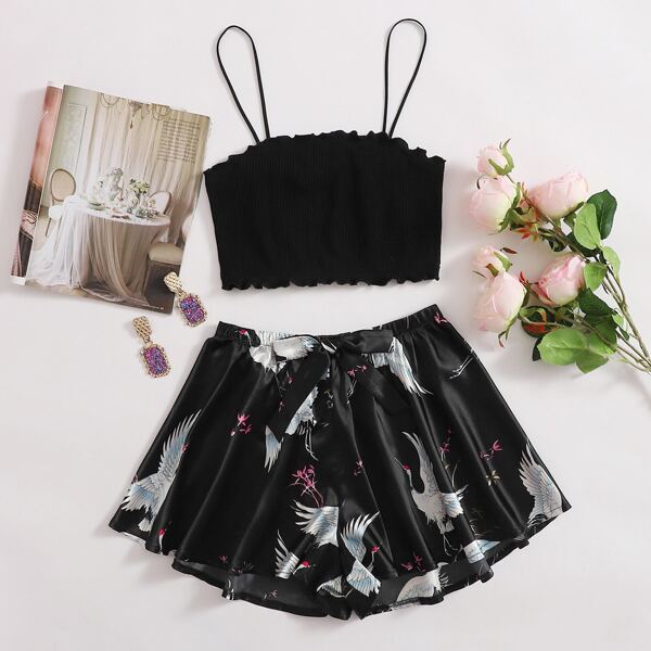 

Crop Cami Top With Crane Print Satin Shorts PJ Set, Black