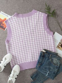 Houndstooth V-neck Sweater Vest - Multicolor - View 2