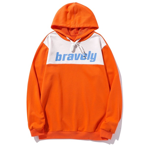 

Men Color Block And Letter Graphic Drawstring Hoodie, Orange neon