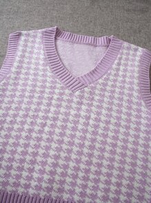 Houndstooth V-neck Sweater Vest - Multicolor - View 3