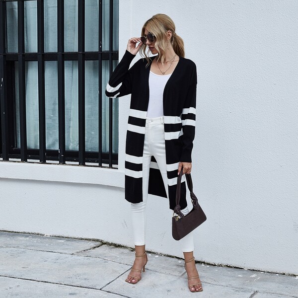 

Striped Print Open Front Cardigan, Black and white