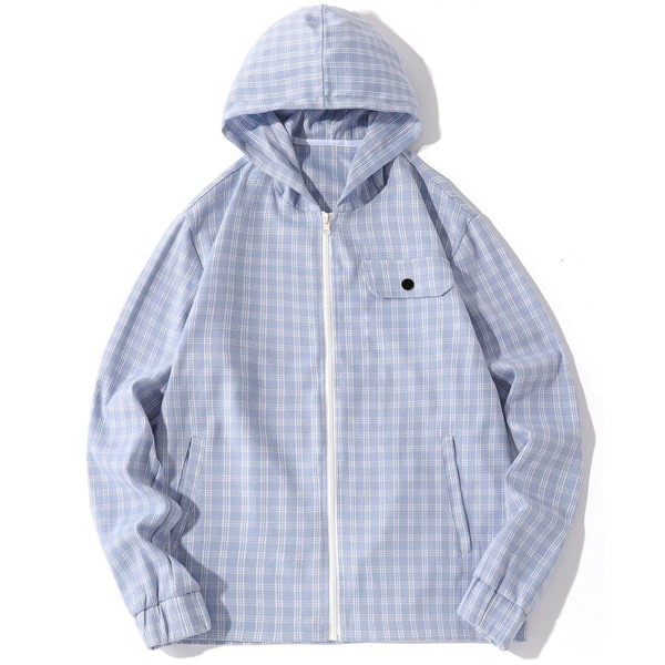 

Men Plaid Print Zip Up Slant Pocket Hooded Jacket, Baby blue