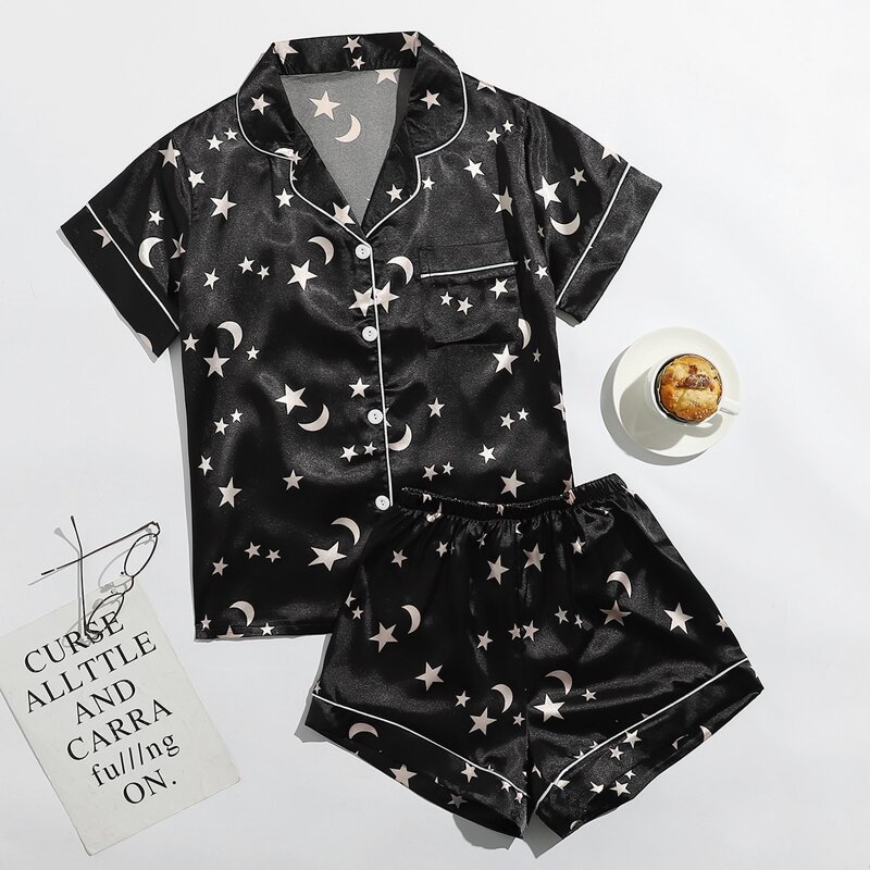 

Star And Moon Print Lapel Collar Button Front Satin PJ Set, Black
