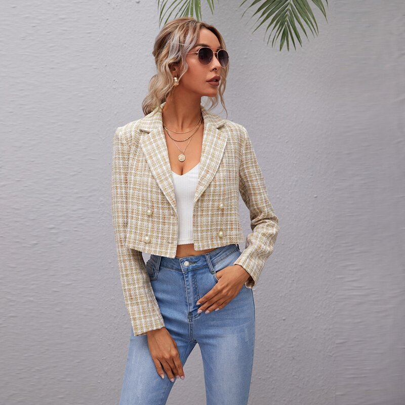 

Double Breasted Plaid Tweed Blazer, Multicolor
