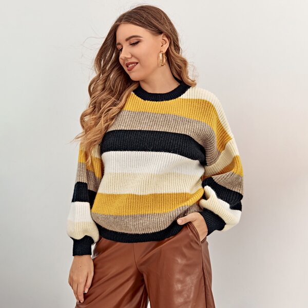 

Plus Drop Shoulder Colorful Stripe Sweater, Multicolor