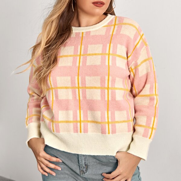 

Plus Drop Shoulder Plaid Sweater, Multicolor