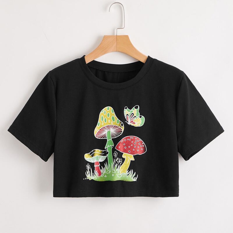 

Mushroom & Butterfly Crop Tee, Black