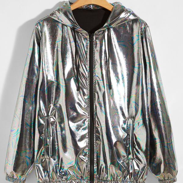 

Men Zip Up Metallic Hooded Jacket, Silver