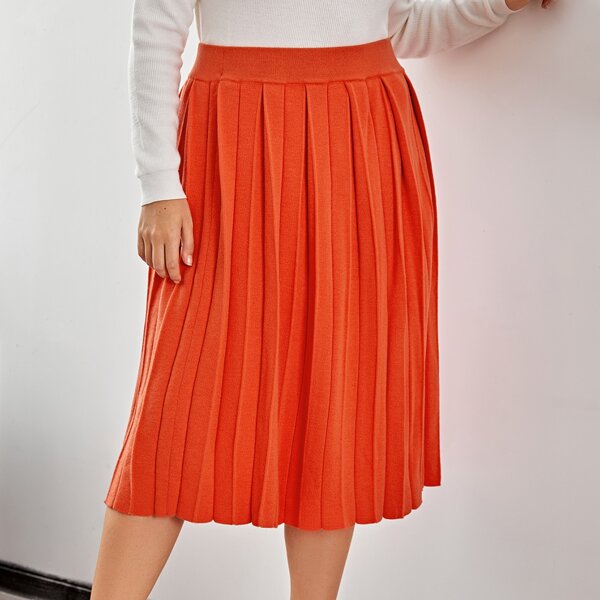 

Plus High Waist Pleated Ribbed Skirt, Orange neon