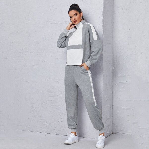 

Stand Collar Contrast Panel Sweatshirt & Sweatpants, Multicolor