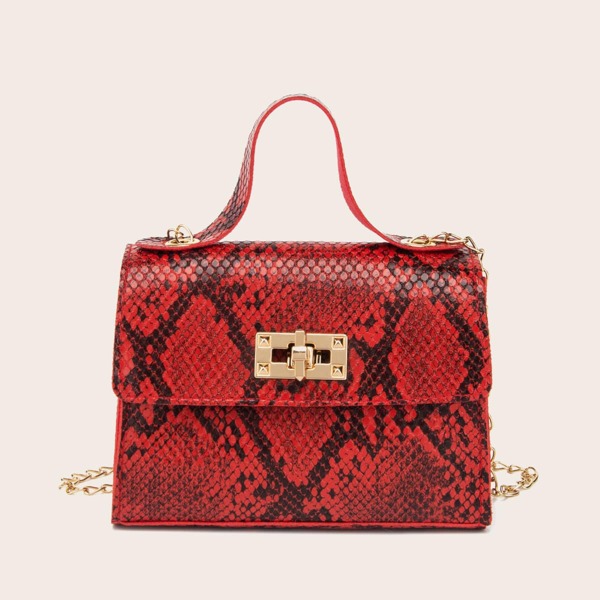 

Snakeskin Print Satchel Bag, Red