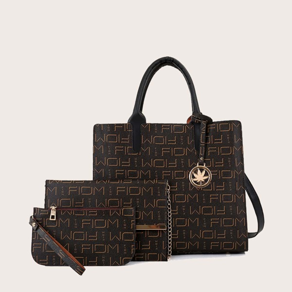

3pcs Letter Graphic Satchel Bag Set, Black