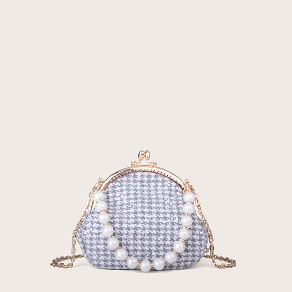 

Houndstooth Chain Clutch Bag, Grey