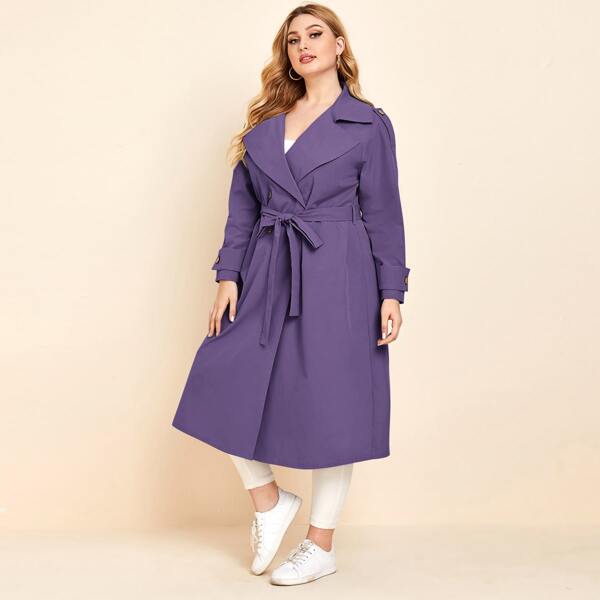 

Plus Lapel Neck Double Breasted Belted Trench Coat, Violet purple