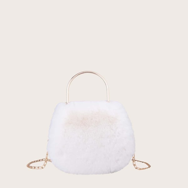 

Faux Fur Decor Satchel Bag, White