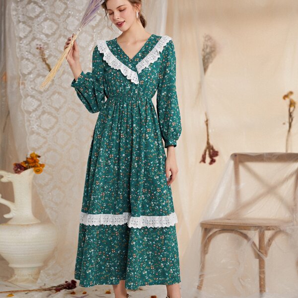 

Ditsy Floral Eyelet Embroidery Ruffle Hem Dress, Green